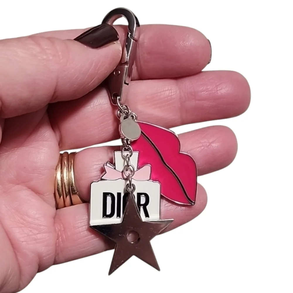 DIOR Purse Bag Charm Keychain Key FOB Miss Dior Bottle Logo Star Kiss Dust Bag